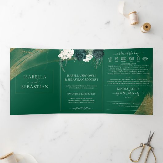 Boho Emerald Rose Complete Wedding Tri-Fold Invita (Intérieur)