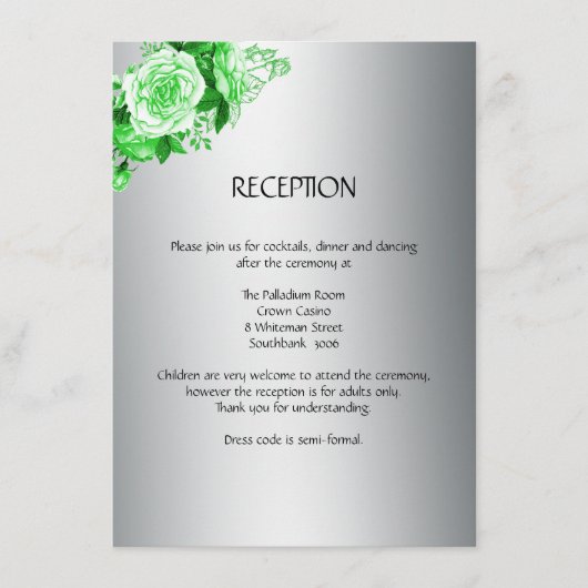 Boho Emerald Rozen Silver Wedding Reception Informatiekaartje (Voorkant)