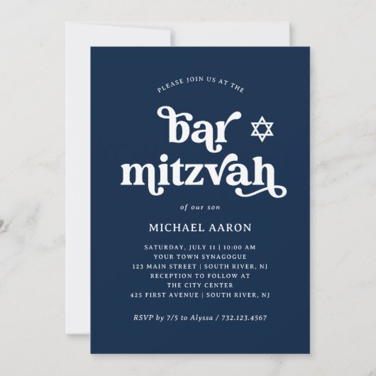 Boho en Retro Donkerblauw | Bar Mitzvah Kaart (Voorkant)