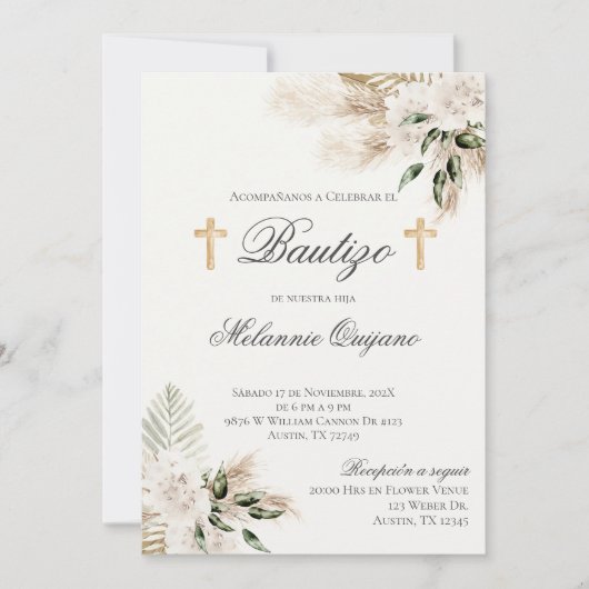 Boho espagnol Baptême Floral invitation (Devant)