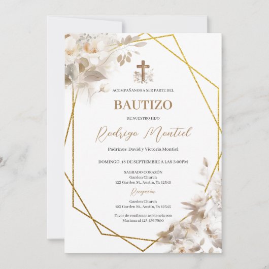 Boho espagnol Baptême Floral Invitation (Devant)