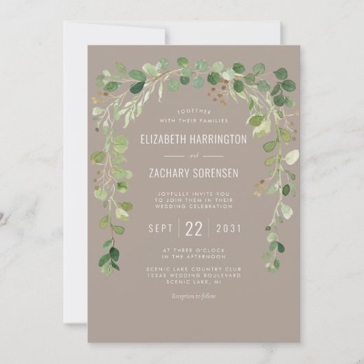 Boho Eucalyptus Arch Neutral Taupe Rustic Wedding Kaart (Voorkant)
