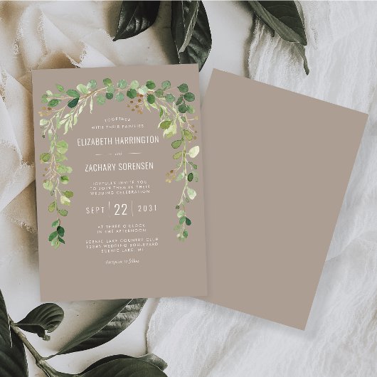 Boho Eucalyptus Arch Neutral Taupe Rustic Wedding Kaart