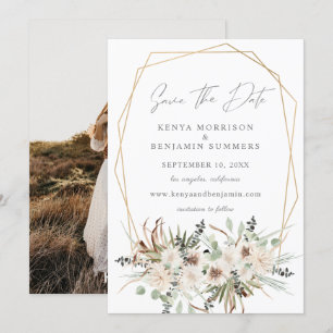 Boho Eucalyptus & Beige Floral Save the Date Photo Kaart
