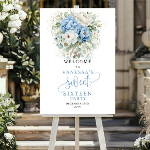 Boho Eucalyptus Blau en Goud Sweet 16 Welkom Poster
