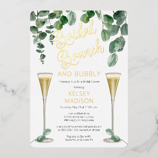 Boho Eucalyptus Champagne Bridal Brunch en Bubble Folie Uitnodiging (Voorkant)