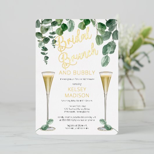 Boho Eucalyptus Champagne Bridal Brunch en Bubble Folie Uitnodiging (Staand Voorkant)