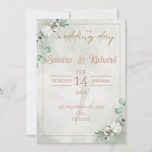 Boho Eucalyptus & Cotton Wedding Invitation (Devant)
