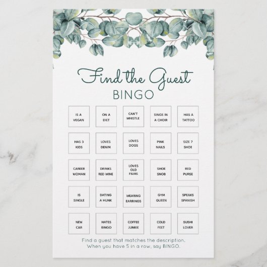 Boho Eucalyptus Feuille Baby shower Bingo Jeu (Devant)