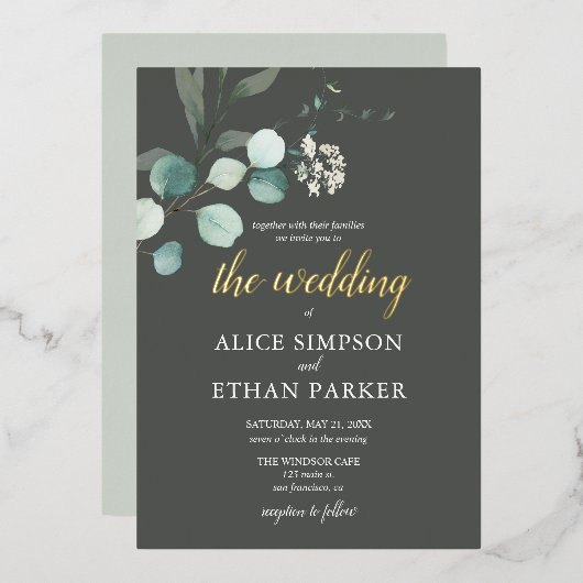 Boho Eucalyptus Feuille Mariage Foil Invitation (Recto/Verso)