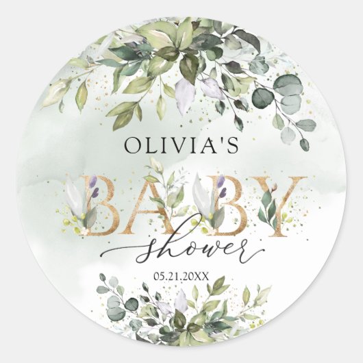 Boho eucalyptus gouden letters Baby shower sticker (Voorkant)
