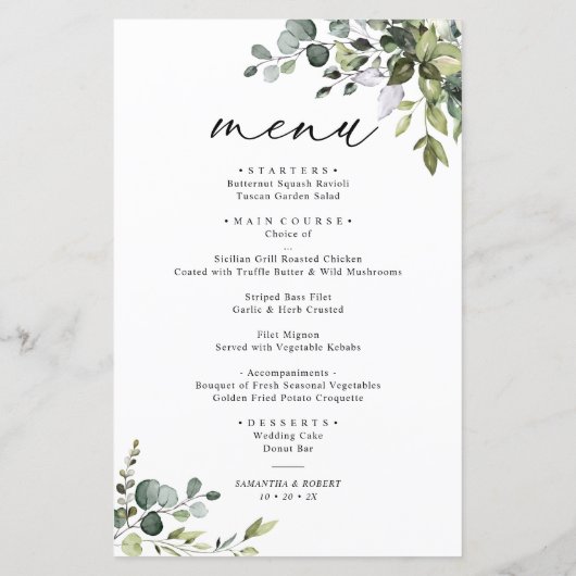 Boho Eucalyptus Green Menu Mariage simple (Dos)