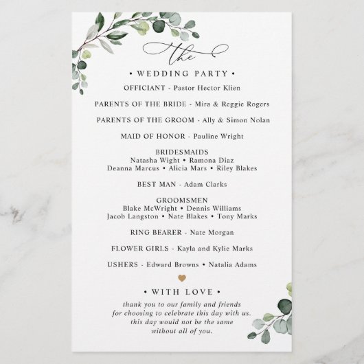 Boho Eucalyptus Greenery Wedding Ceremony Program (Achterkant)