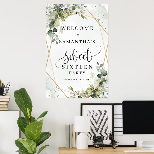 Boho Eucalyptus groen 16e verjaardag welkom Poster (Thuiskantoor)