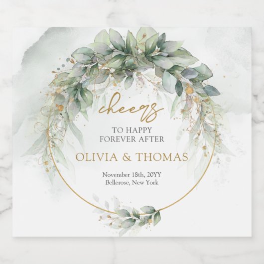 Boho eucalyptus groen blad gouden ovale boog likeurfles etiket (Enkel label)