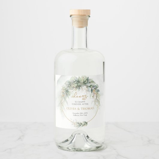 Boho eucalyptus groen blad gouden ovale boog likeurfles etiket (Voorkant)