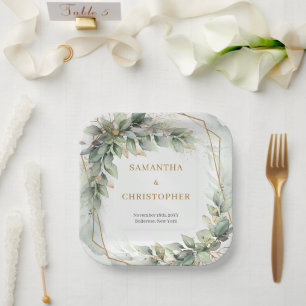 Boho Eucalyptus groen takken gouden bruiloft Papieren Bordje