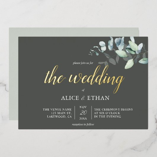 Boho Eucalyptus Leaves Wedding Folie Uitnodiging (Voorkant / Achterkant)