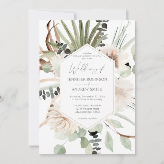 Boho Eucalyptus Palm Leaf & Beige Floral Wedding Kaart (Voorkant)