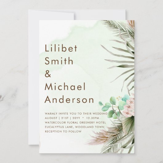 BOHO Eucalyptus Pampas Grass Greenery Wedding Kaart (Voorkant)