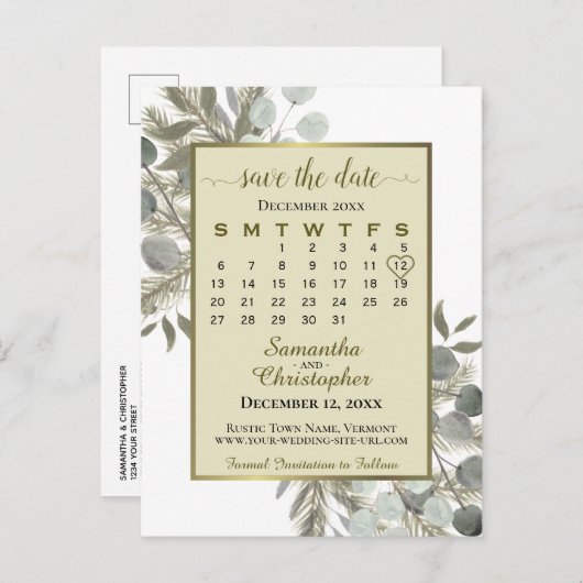 Boho Eucalyptus & Pine Gold Save the Date Calendar Aankondigingskaart (Voorkant / Achterkant)