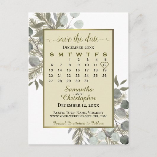 Boho Eucalyptus & Pine Gold Save the Date Calendar Aankondigingskaart (Voorkant)
