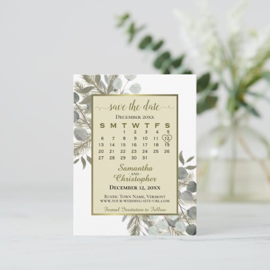 Boho Eucalyptus & Pine Gold Save the Date Calendar Aankondigingskaart (Staand voorkant)