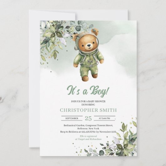 Boho eucalyptus teddybeer astronaut neutraal kaart (Voorkant)