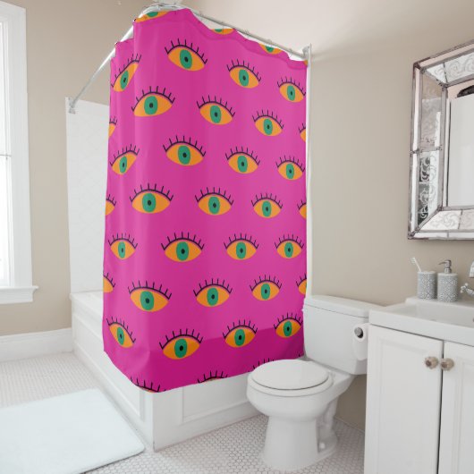BOHO Evil Eye Patroon Funky Fuchsia Fun Douchegordijn (In situ)