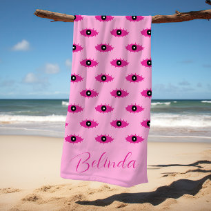 BOHO Evil Eyes Handgeschreven Naam Roze Strandlaken