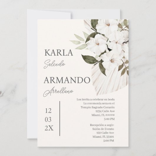 Boho faire-part de mariage floral blanc en espagno (Devant)