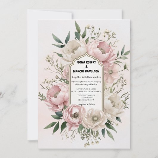 Boho Faire-part de mariage - Peonies avec verdure (Devant)