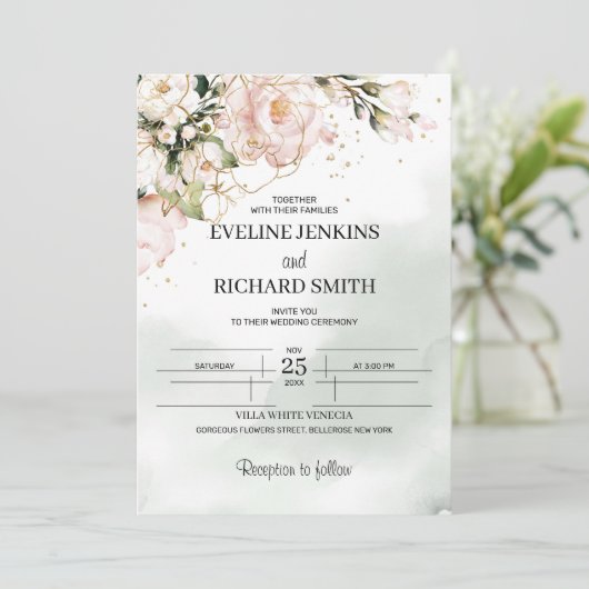 Boho Faire-part de mariage vert rose pâle (Debout devant)