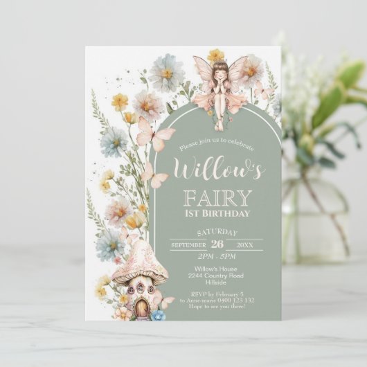 BOHO Fairy 1st Birthday Invitation Wildflower Sage (Debout devant)