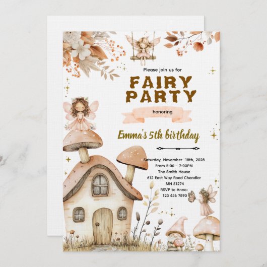 Boho fairy enchanted party invitation (Devant / Derrière)