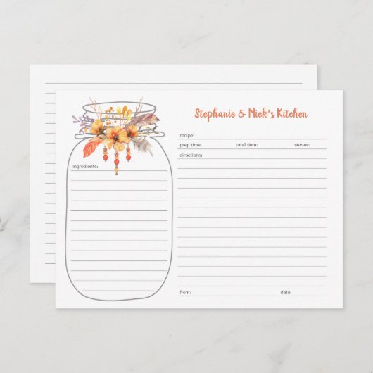 Boho Fall Floral Beads Mason Jar Recette Cartes (Devant / Derrière)