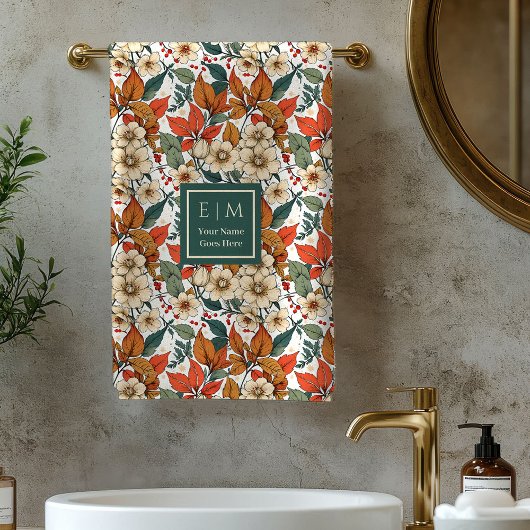 Boho Fall Florals Sage Terracotta Name Bath Towels