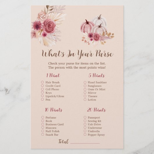 Boho Fall Pumpkin What's In Your Purse Bridal Game (Voorkant)