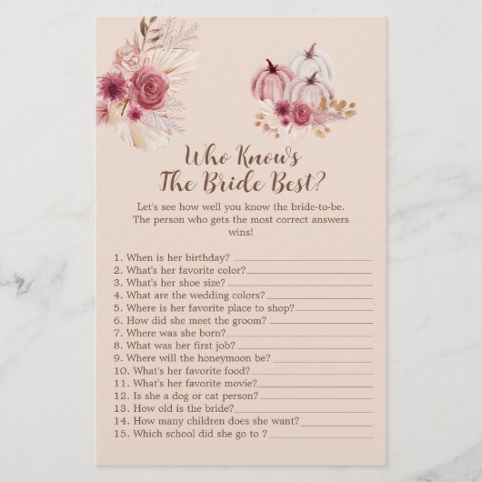 Boho Fall Pumpkin Who Knows The Bride Best Game (Voorkant)