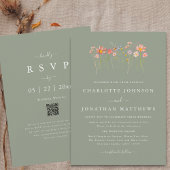 Boho Fall Wildflower Sage Green Wedding QR Code Kaart