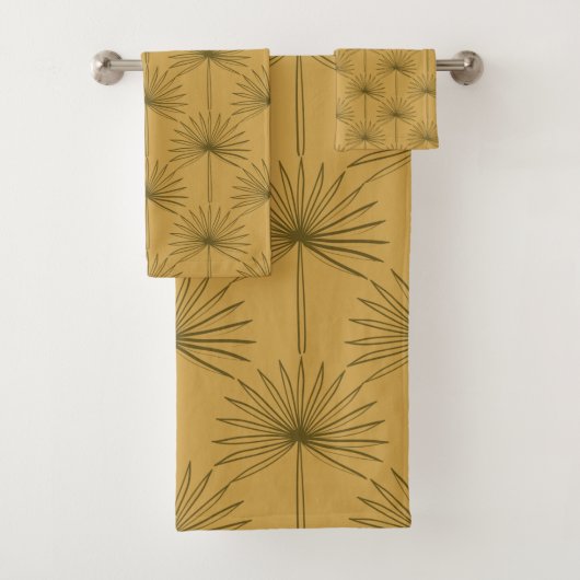 Boho Fan Palm Leaf Botanical Line Drawing Mustard Bad Handdoek (Insitu)