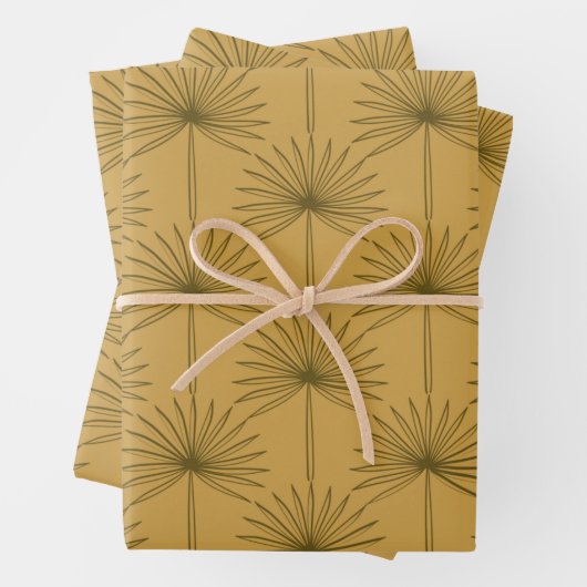 Boho Fan Palm Leaf Botanical Line Drawing Mustard Inpakpapier Vel (In situ)