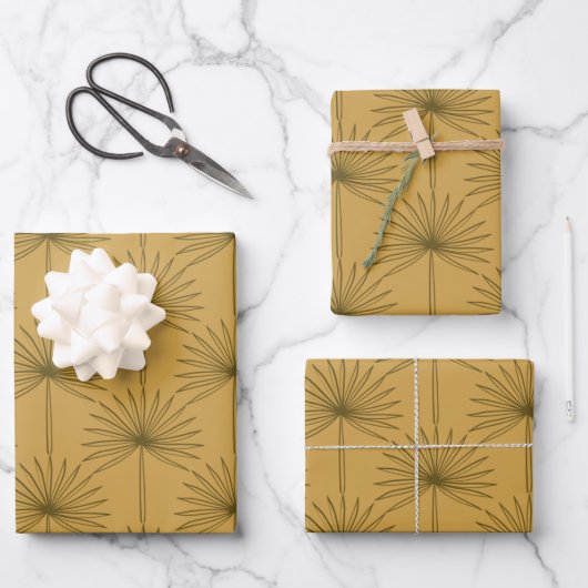 Boho Fan Palm Leaf Botanical Line Drawing Mustard Inpakpapier Vel (Voorkant)
