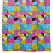 Boho Faux Patchwork Quilt Pink Yellow Blue Douchegordijn (Voorkant)