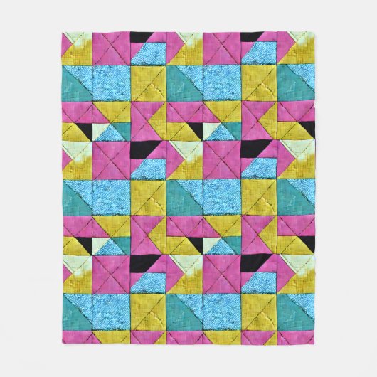 Boho Faux Patchwork Quilt Pink Yellow Blue Fleece Deken (Voorkant)