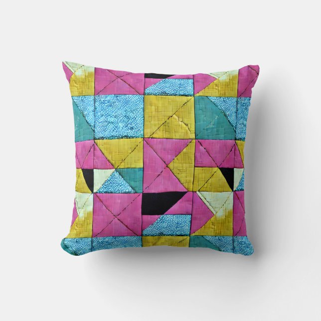 Boho Faux Patchwork Quilt Pink Yellow Blue Kussen (Voorkant)