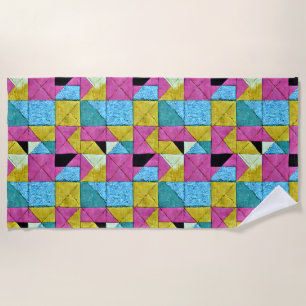Boho Faux Patchwork Quilt Pink Yellow Blue Strandlaken