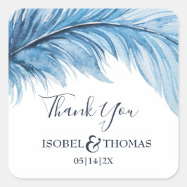 Boho Feather Blue & White Wedding Dank je Vierkante Sticker