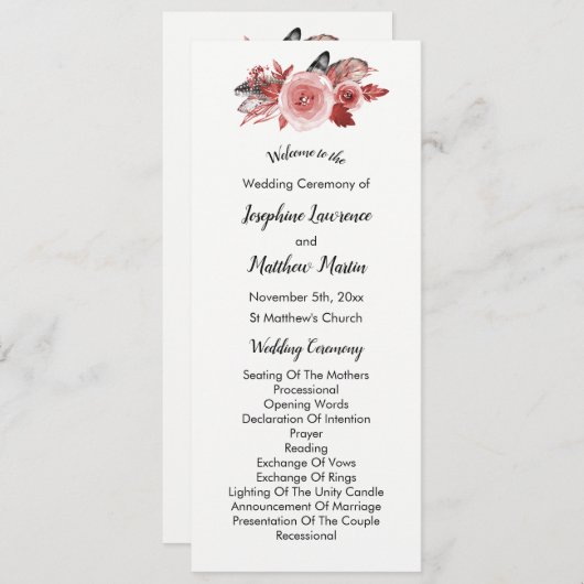 Boho Feather Bourgogne Rose Programmes de mariage (Devant / Derrière)