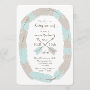 Boho Feather en Arrow Blue Baby shower Uitnodiging